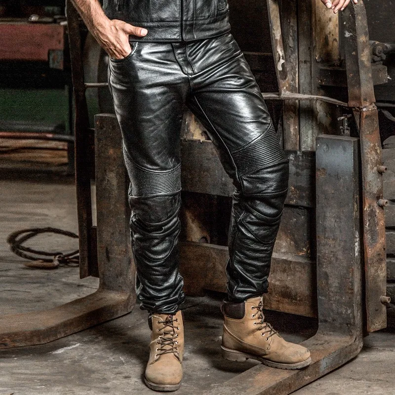 Genuine leather leather pants men's casual professional biker can be installed protective gear Slim yellow cowhide long pants