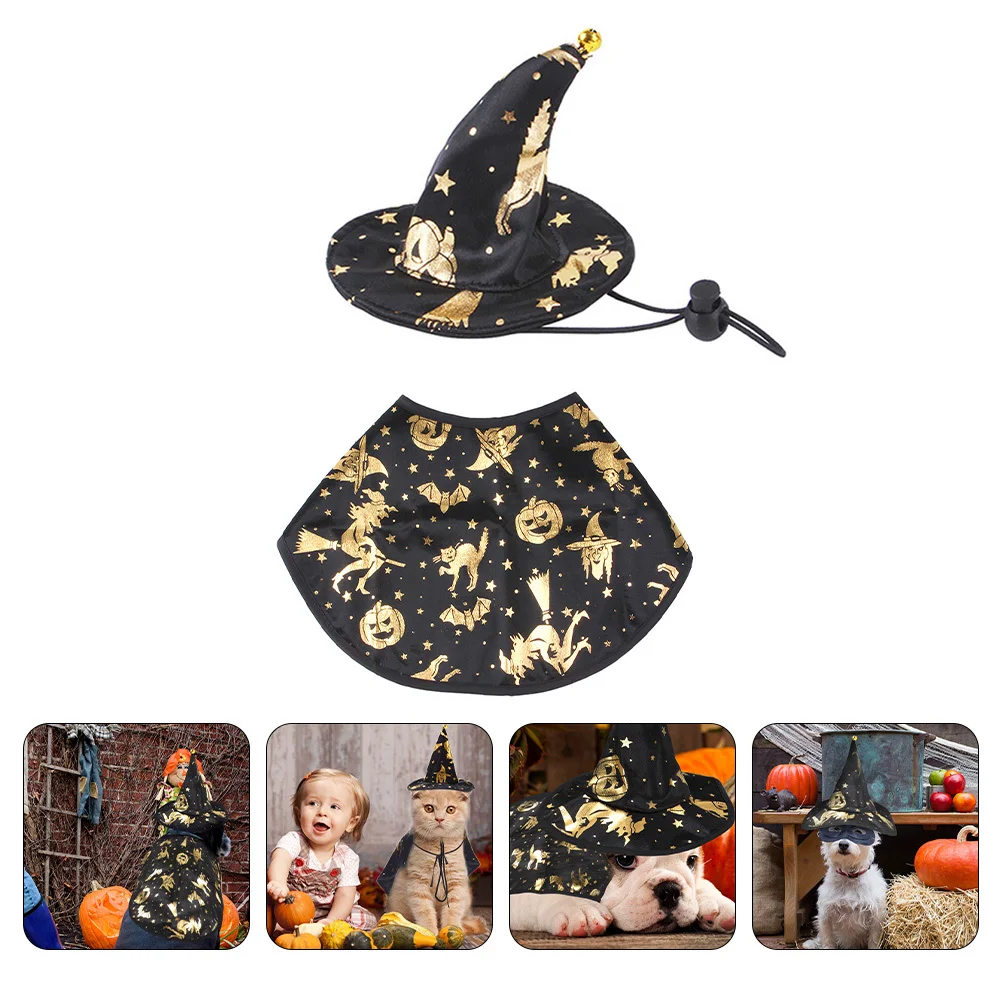 

1Set Pet Costume Halloween Wizard Cloak Hat Set Lightweight Easy to Take on Off Chic Design for Dog Cat Party Pet Hat Cloak