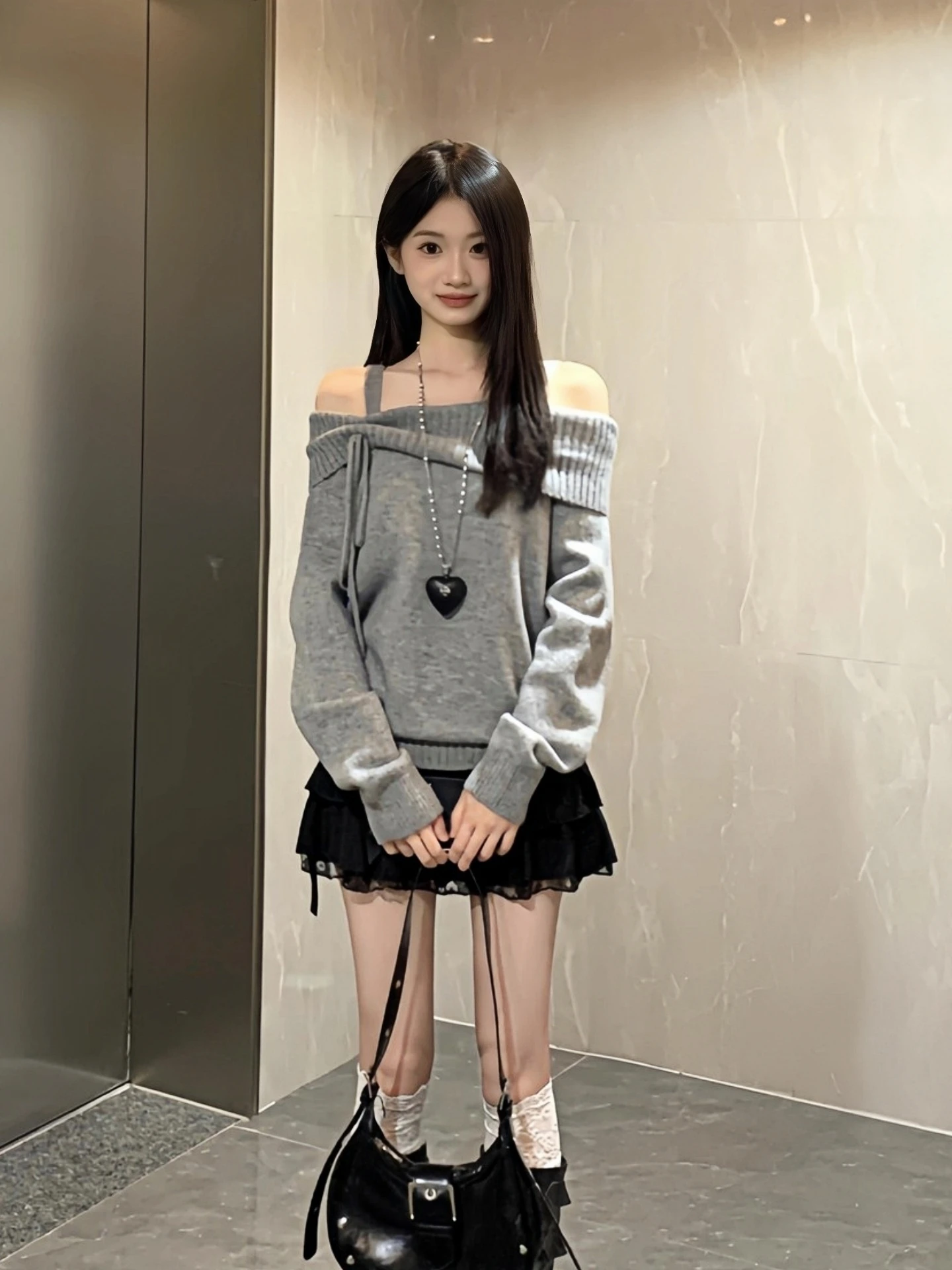 Gray Shoulder Bared Knitwear Women's Autumn Winter Inner Wear Korean Style High Quality Slimming Loose Fit Long Sleeve Top