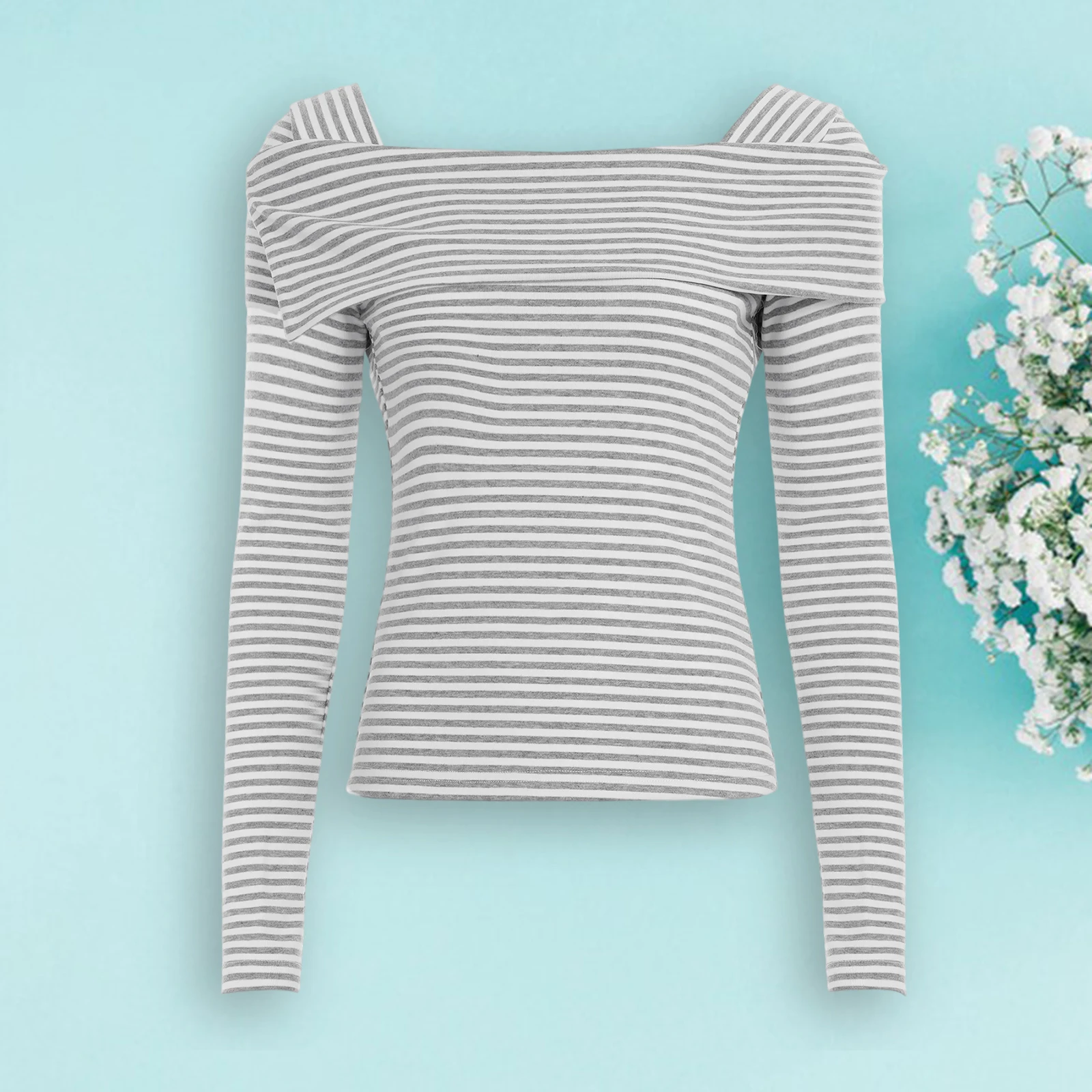 Camicie autunnali da donna a maniche lunghe con spalle scoperte, vestibilità slim, a righe, per uscire, con strato base alla moda