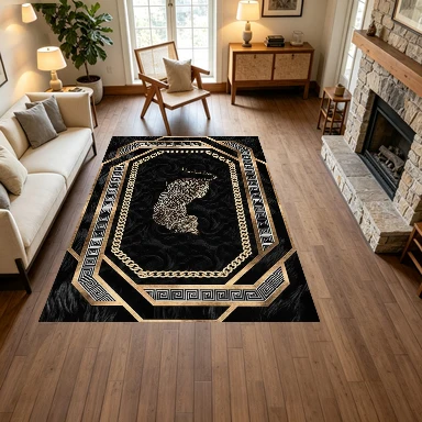 Luxurious Gold Chain Leopard Print Carpet with Greek Key Pattern Border, Non-Slip Decorative Carpet for Living Room Use
