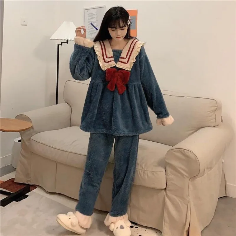 Sailor Collar Nightgown Sleepwear Womens Fleece Night Dress Winter One Piece Pajamas Korean Style Bow Knee Length Home Wear 2023