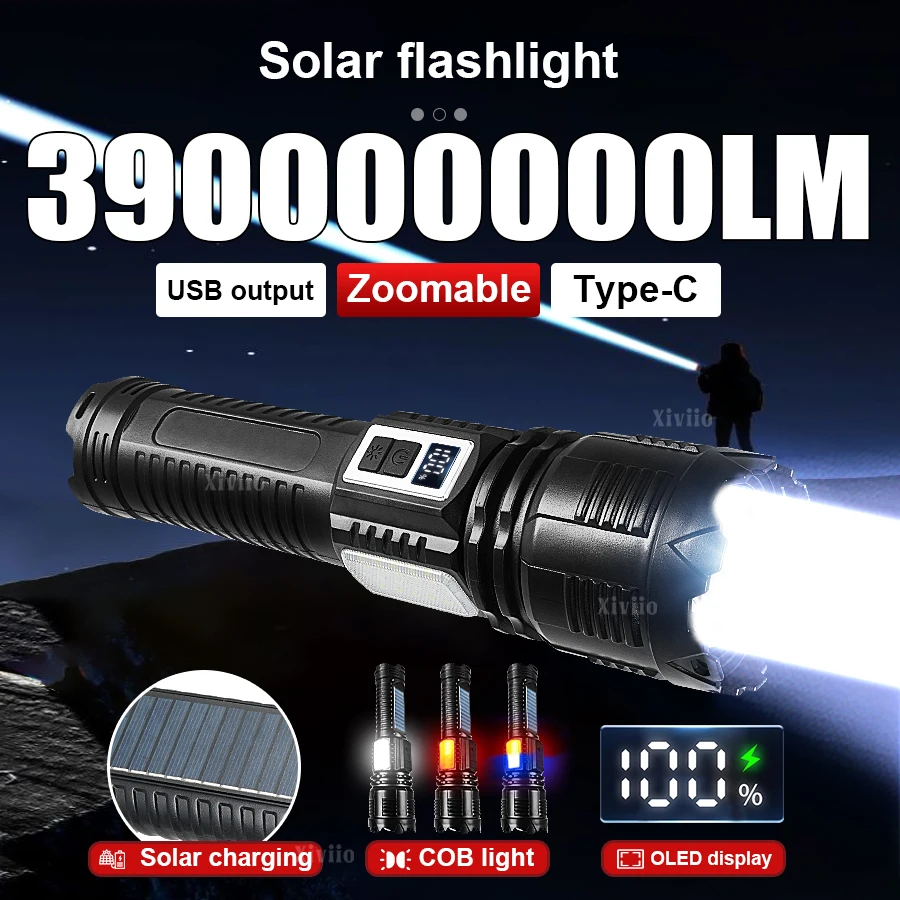 39000000LM 1000 واط LED الشمسية مصباح يدوي عالية الطاقة الشعلة القابلة لإعادة الشحن فائقة قوية التكتيكية أضواء وامضة فانوس التخييم في الهواء الطلق