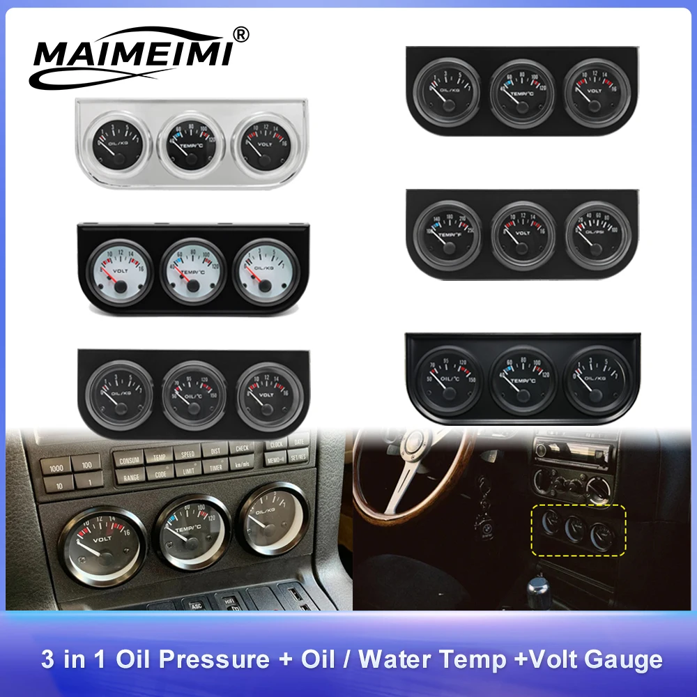

Oil Temperature & Voltmeter Oil Press Gauges 52mm Car Oil Pressure + Water Temp + Volt Gauge 3 in 1 Triple Meter With Sensor