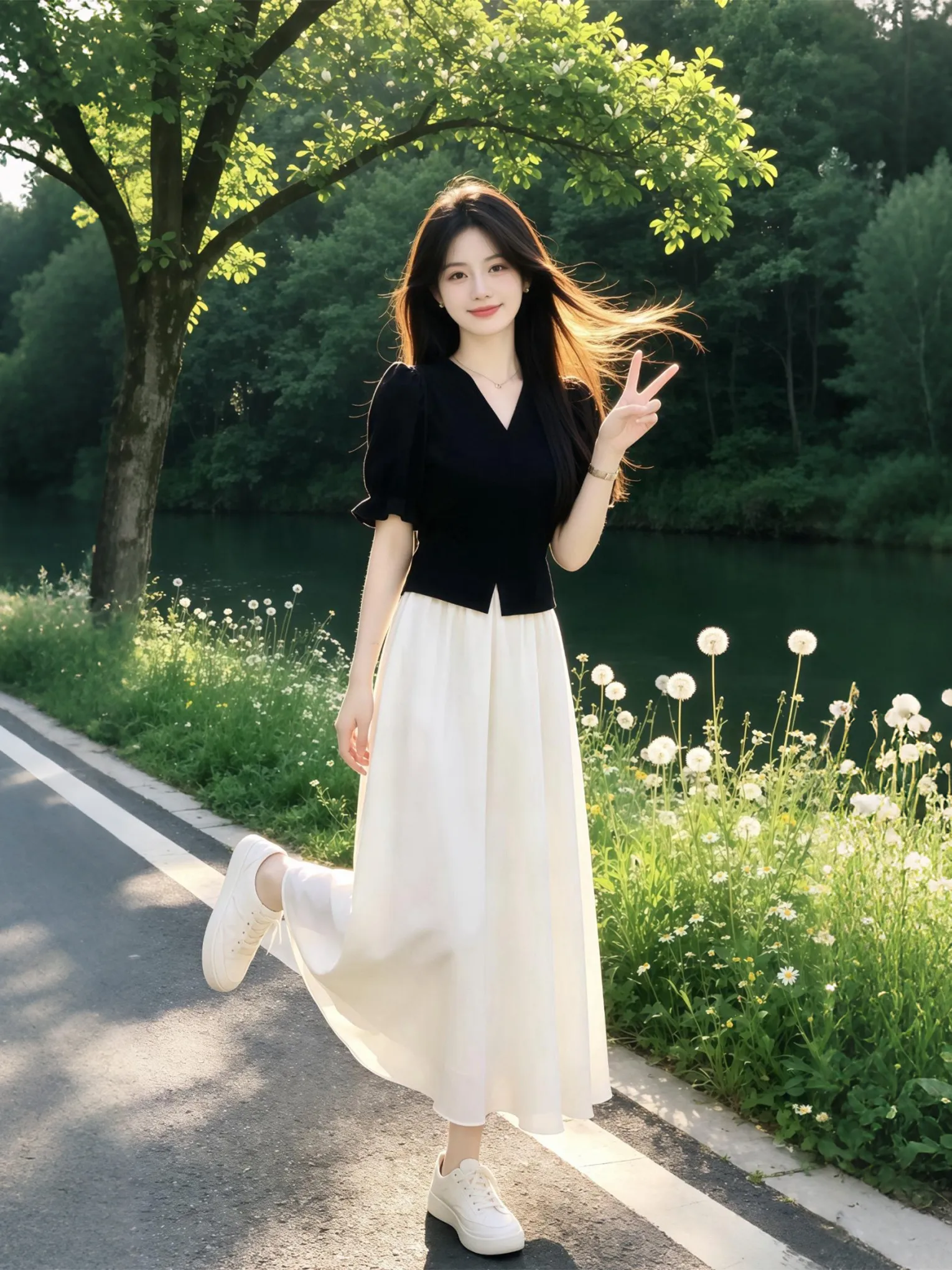 

Summer New 2026 Women's Suit Set Black V-neck Bubble Short-sleeve Top Skirt Pants Outfit Fashionable Commute Style Regular Fit