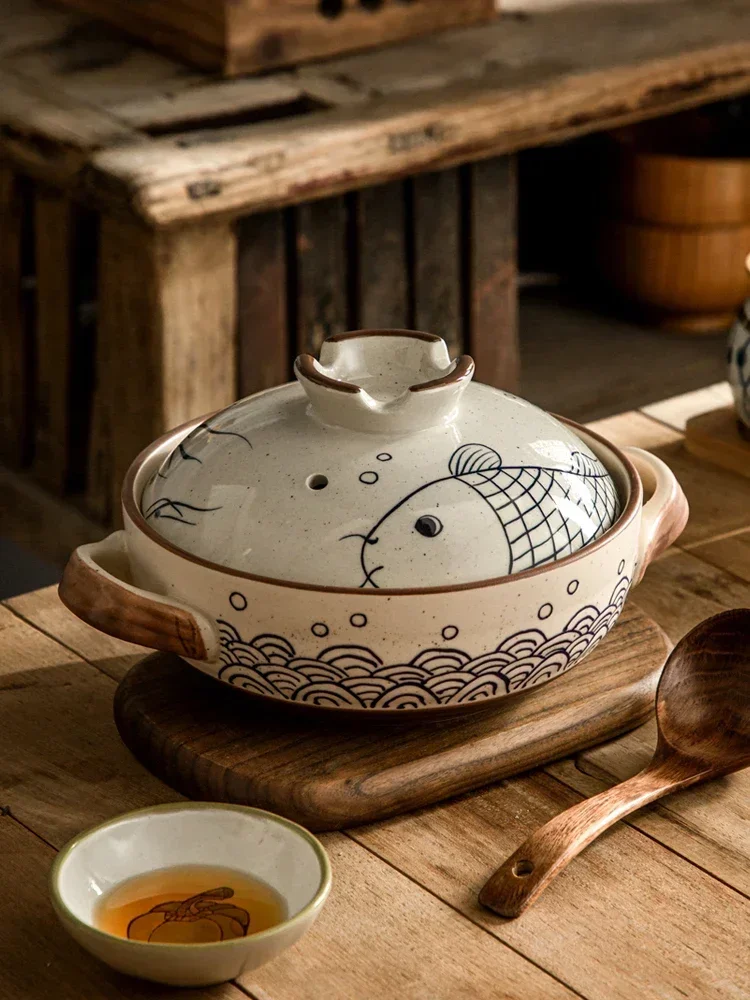 Japanese Hand-Drawn Casserole，Cooking Rice Special Pot, Natural Gas Soup Ceramic Pot, Heat Resistant Shallow Pot