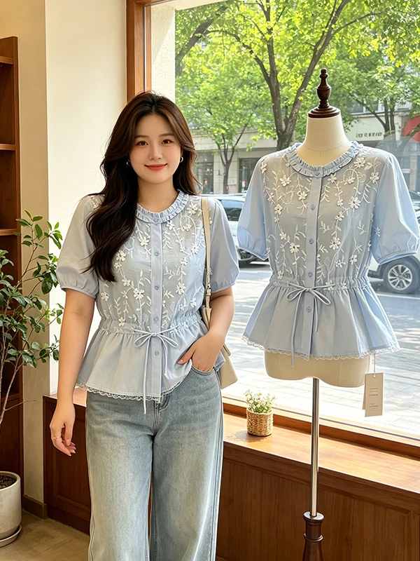 

plus Size Summer Floral Print Shirt Women's Bubble Sleeve Short Sleeve Waist Cinched Top Korean Style round Neck Casual Blouse