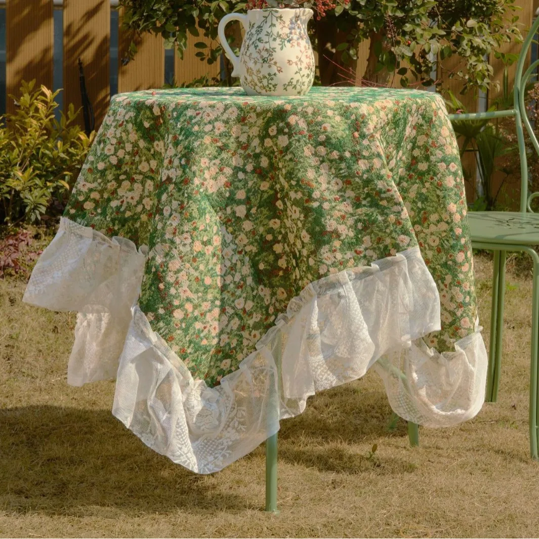 Jacquard Green Flower Tablecloth For Camping Outdoor Lace Ruffled Edge Multi-purpose Cover Bedside Table Cover
