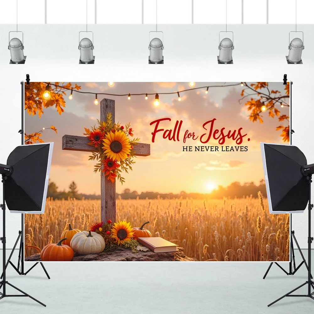 Осень для Иисуса, осенний пейзаж, фон для фотосъемки, тыквы, подсолнухи, украшение в виде кленового листа, семейная вечеринка, фон для фотосессии