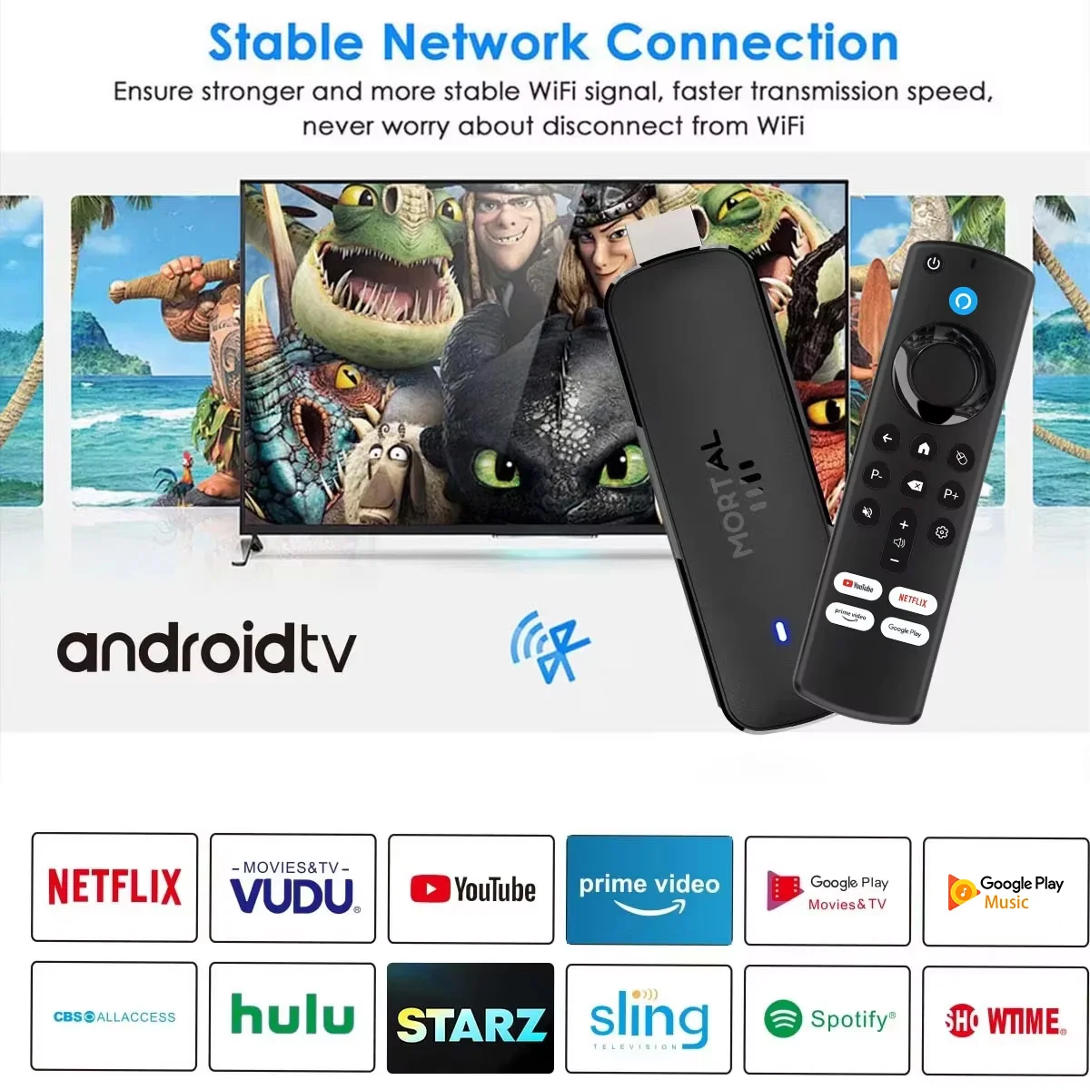 Reproductor multimedia inteligente con Android 14, FireTV Stick, Android, Android, asistente de voz de Google, Mortal Q8, WIFI 6, Bluetooth 5,0, Allwinner H313