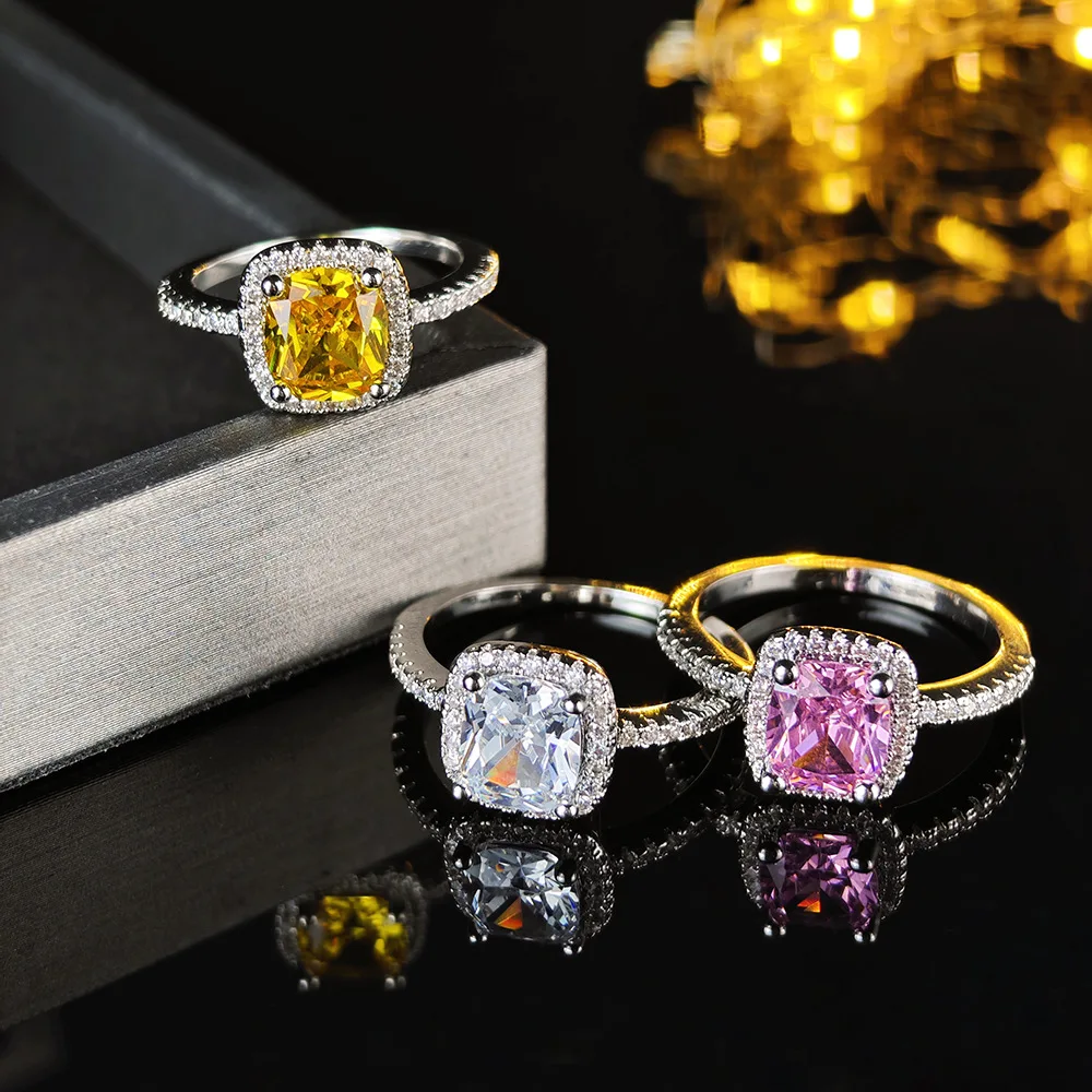 Princess Cut Natural Yellow Citrine Pink Sapphire 925 Sterling Silver Geometric Square Ring for Women Colorful Gemstone Jewelry