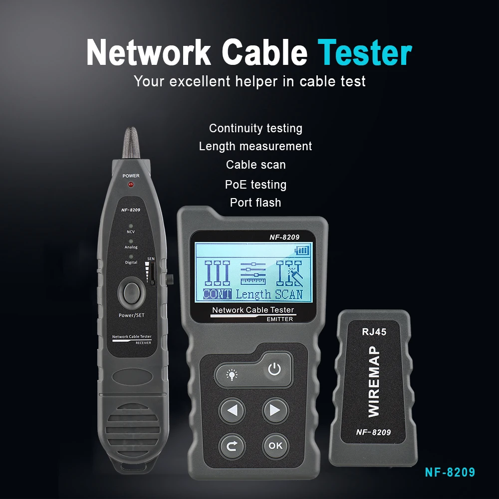 

NF-8209 NF-488 Network Wire Tracker CAT5e Cat6 CAT6a Web Lan Cable Wiremap Tester Inline PoE Tool Voltage Current Multimeter