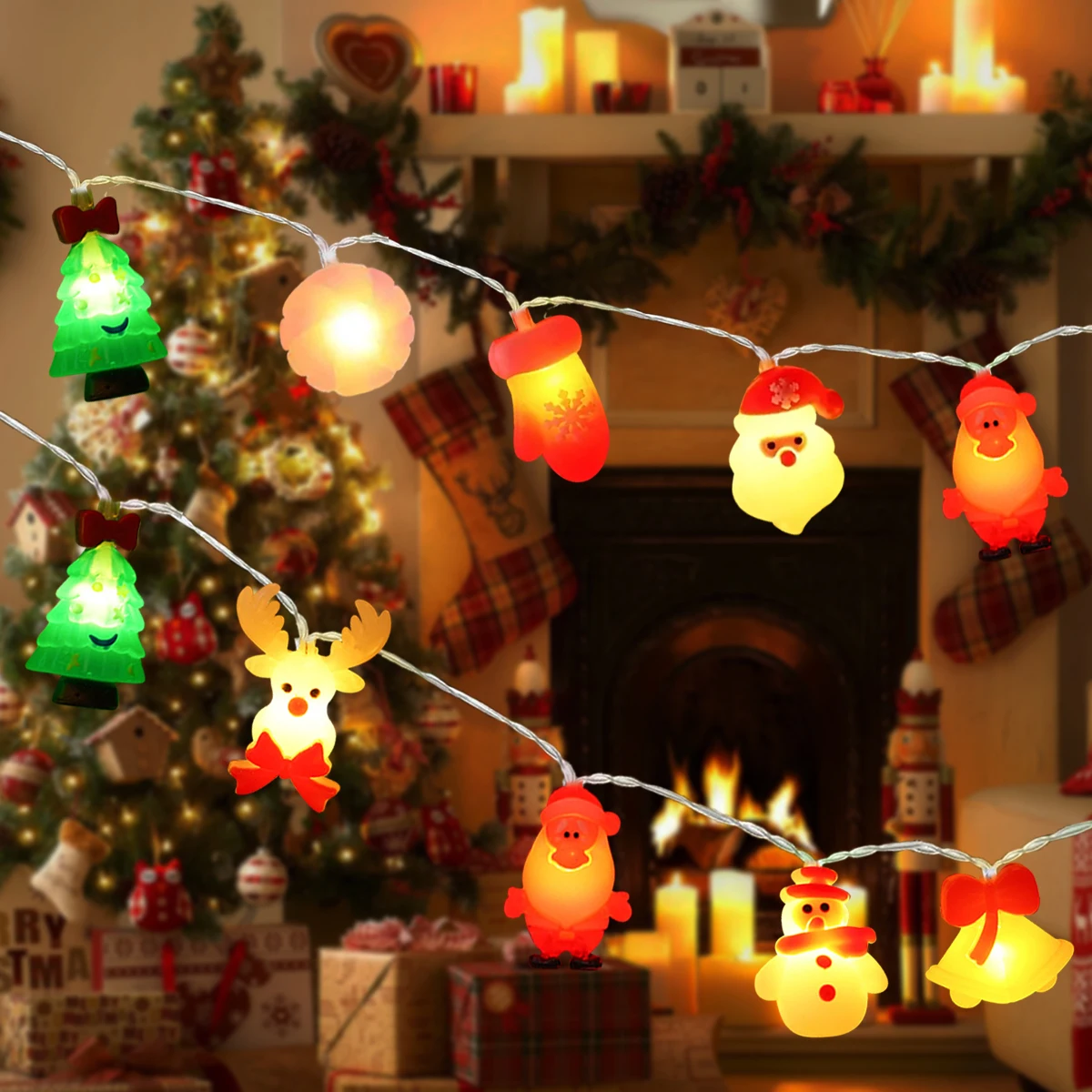 1pc LED Silica Gel Christmas String Light With Santa Snowman Christmas Tree Bell Elk Lollipop Glove Shaped Fairy Atmosphere Lamp