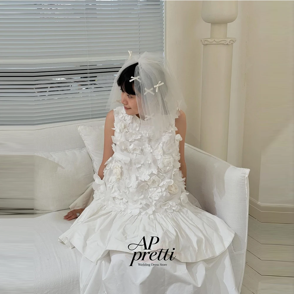 AP Pretti 2026 Ivory Taffeta Wedding Dress Handmade Flowers O-Neck Customized A-line Sleeveless Tea-Length Bridal Gown 웨딩드레스
