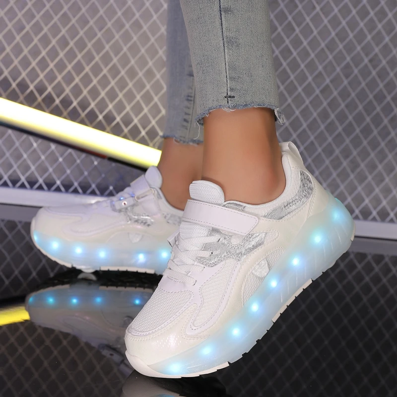 أحذية مشي للأطفال قابلة للتنفس بعجلة مزدوجة قابلة للإزالة ومخفية لشحن المراهقين مع أضواء زلاجات دوارة مضيئة ملونة #4