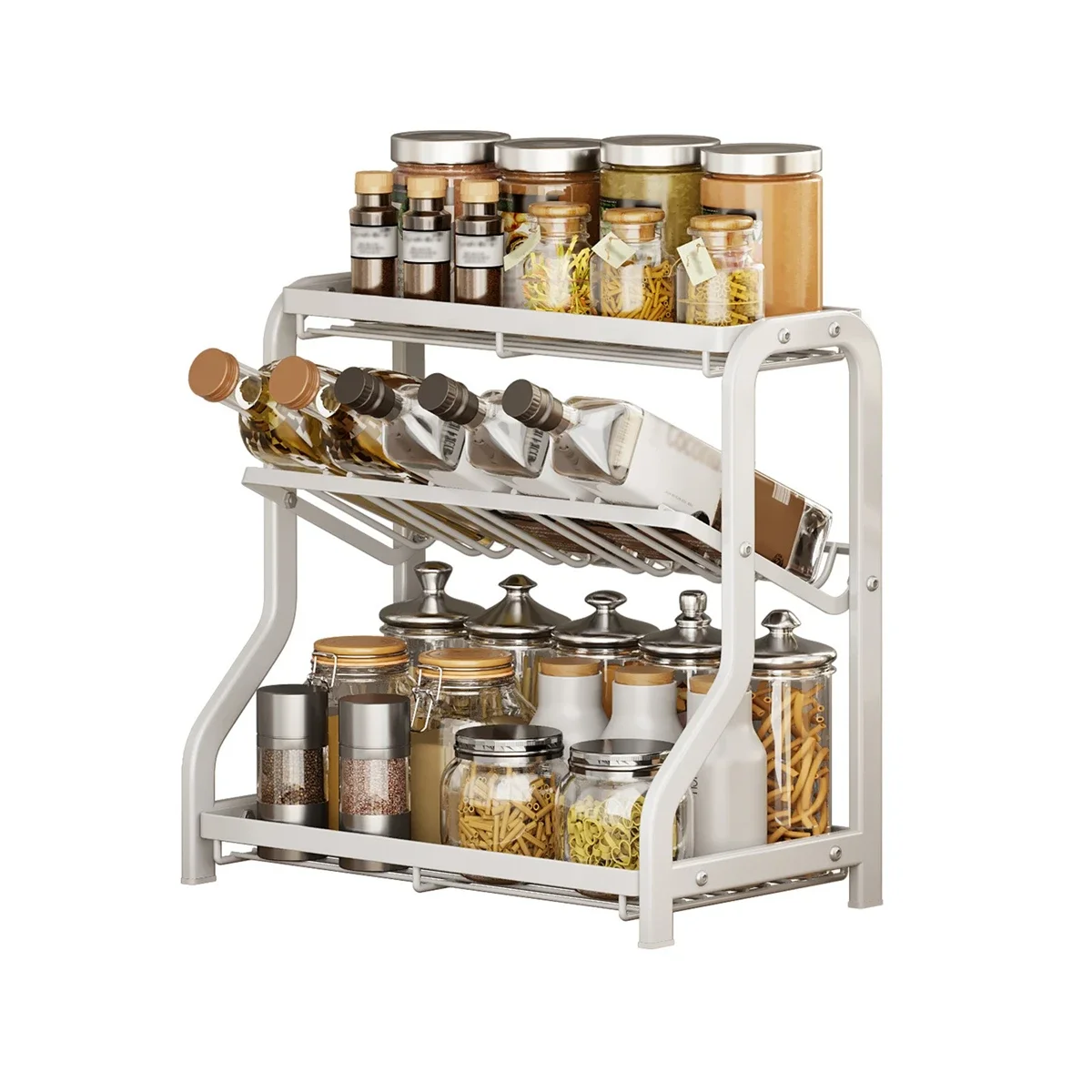 Standing 3 Tier Metal Spice Rack Organizer for Kitchen Countertop Seasoning Holder with Inclined Design Black White