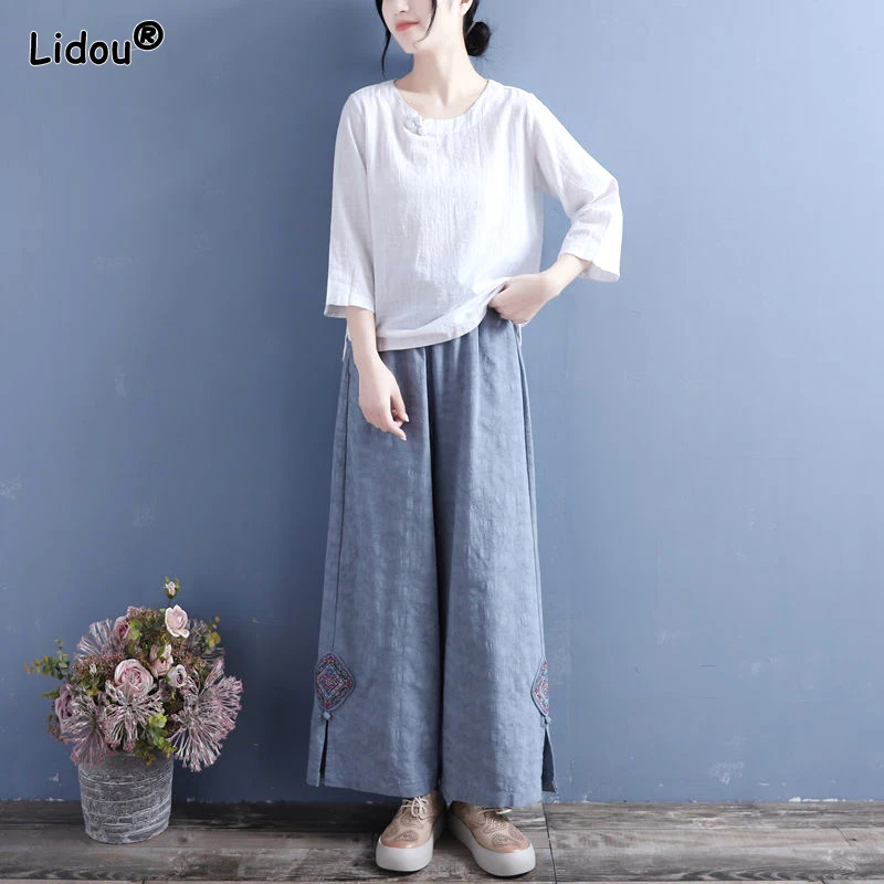 

2023 Summer Fashion Ethnic Style Casual Loose Oversize Solid Color Retro Art High Waist Embroidered Pan Buckle Wide Leg Pants