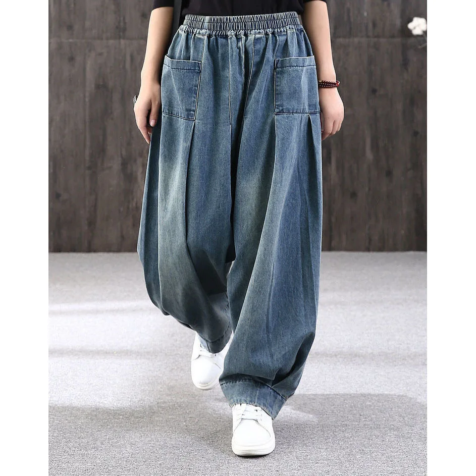 Harem Jeans Women Bloomers Pants Elastic Waist Distressed Washed Pockets Female 2025 Streetwear Vintage Denims Loose Trousers