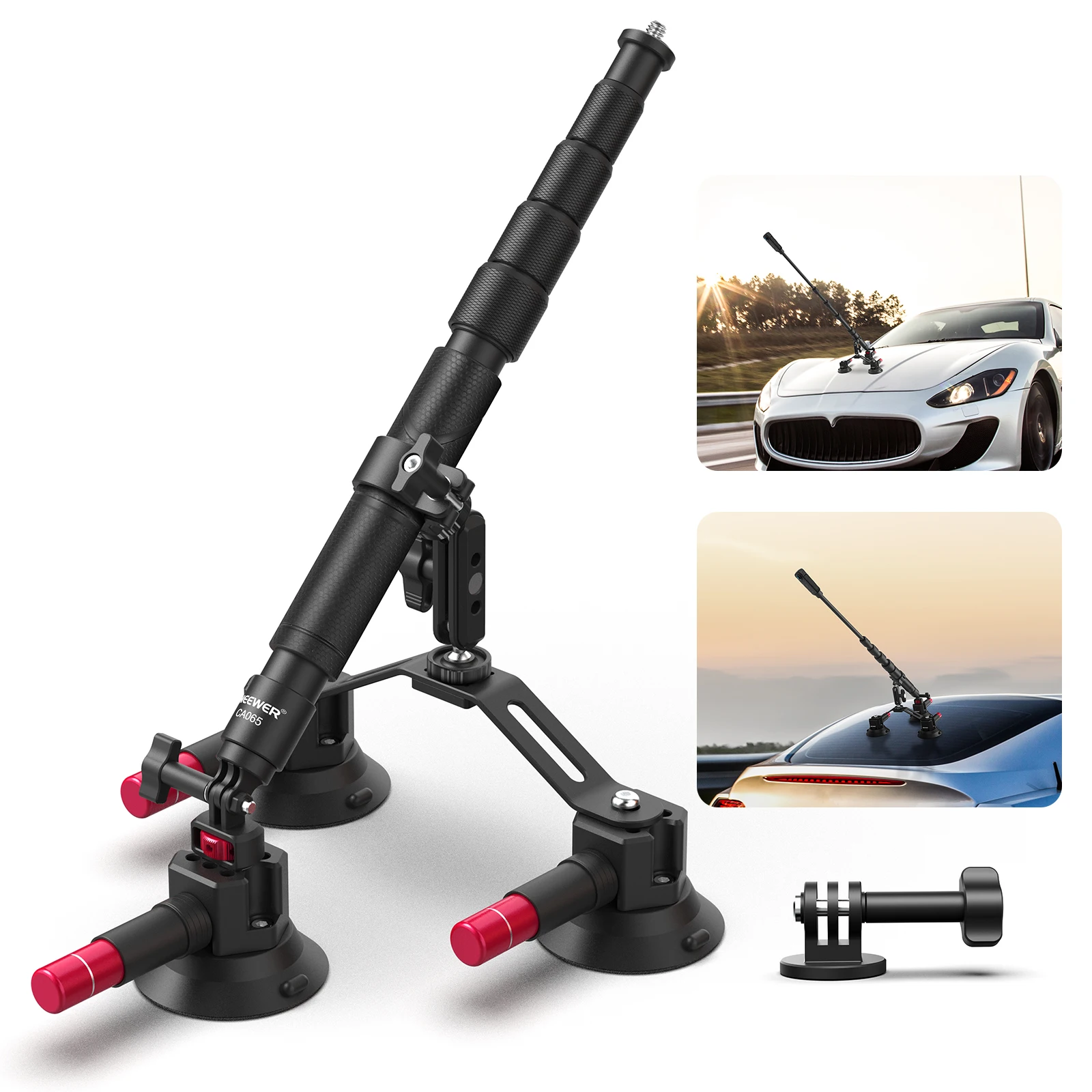 NEEWER Triple Suction Cup Car Mount Kit with Action Camera Adapter,2in1 Extension Pole Selfie Stick For GoPro Insta360 CA065