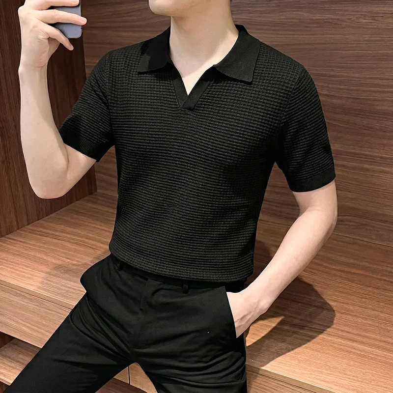 Jacquard Knitwear Seagull Collar Men's Polo Shirt Short Sleeve Summer Quality Viscose Polyester Blends Elastic Camisas Masculina