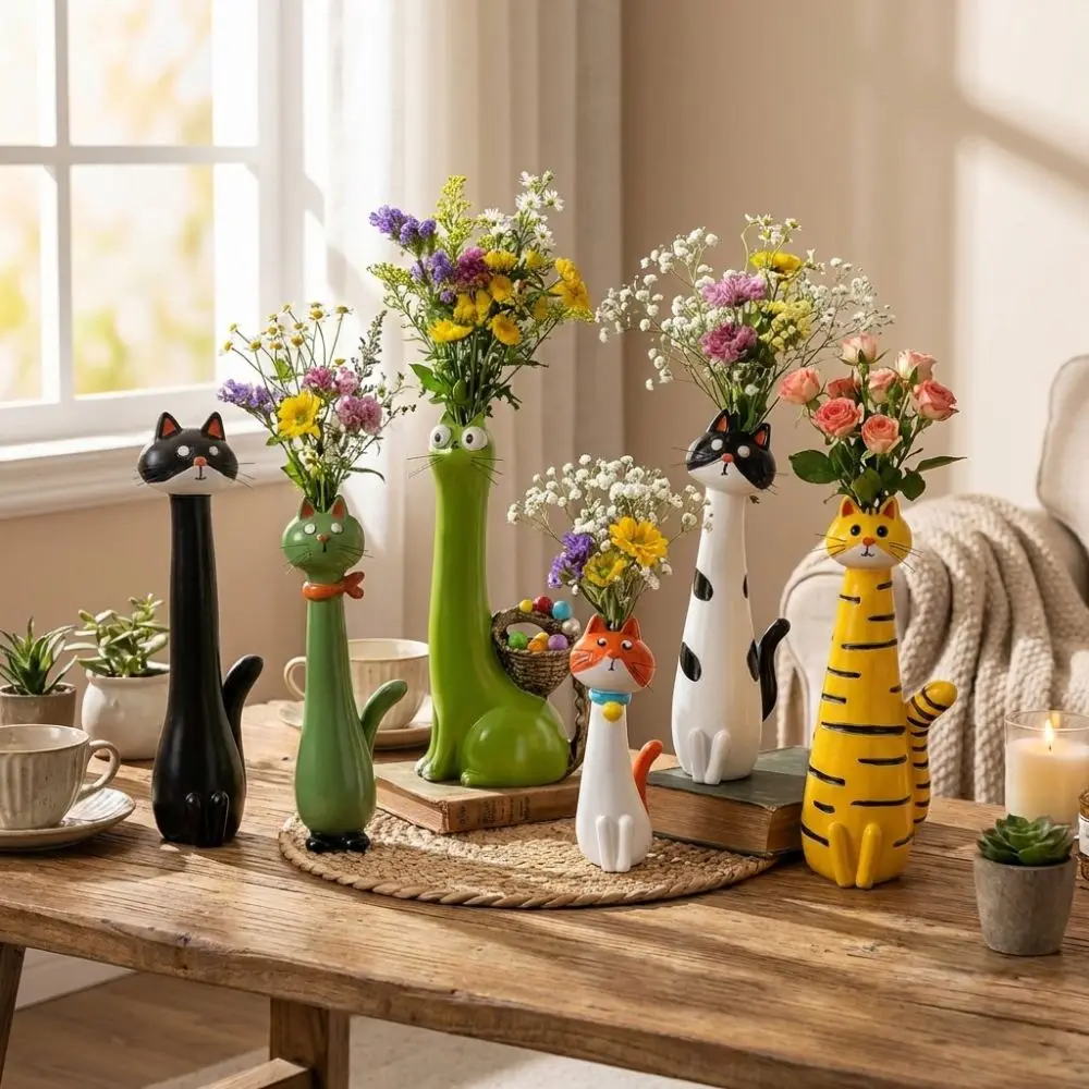 Funny Cat-shaped Vases Ornament Cute Cartoon Style Desk Decor Kitty Planter Synthetic Resins Cat Figurine Cats Lovers Gift