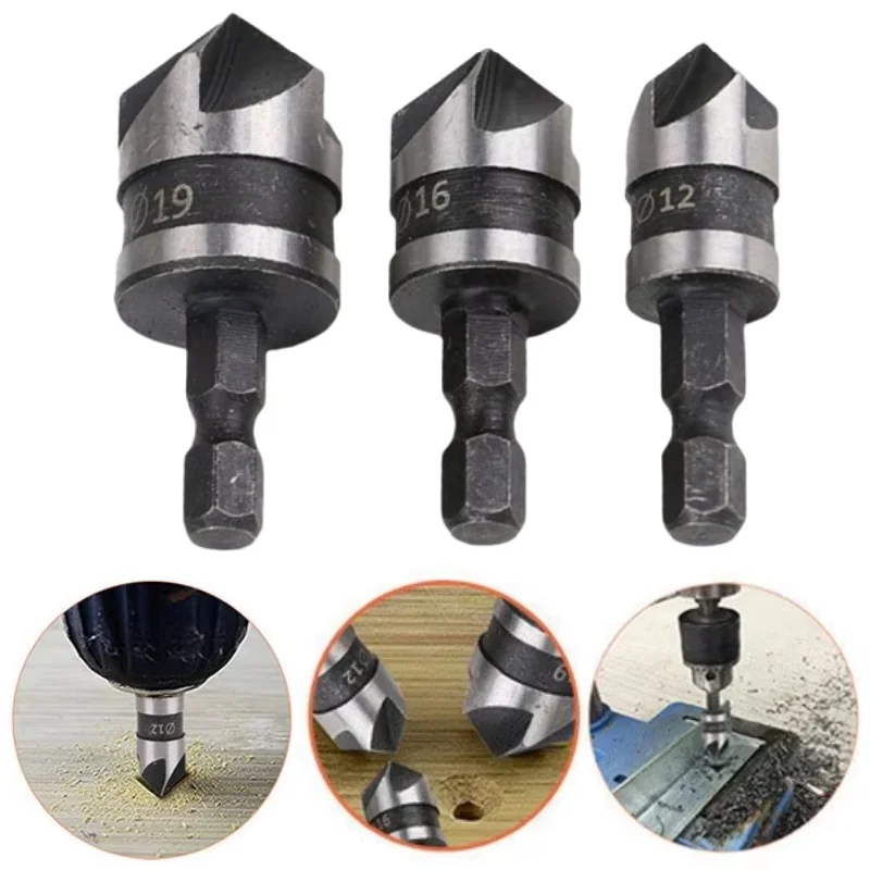 

3 шт., деревообрабатывающая высокоуглеродистая сталь, шестигранный хвостовик, 5 канавок, 90 градусов, фреза для снятия фаски, набор сверл с зенковкой, 12/16/19 мм