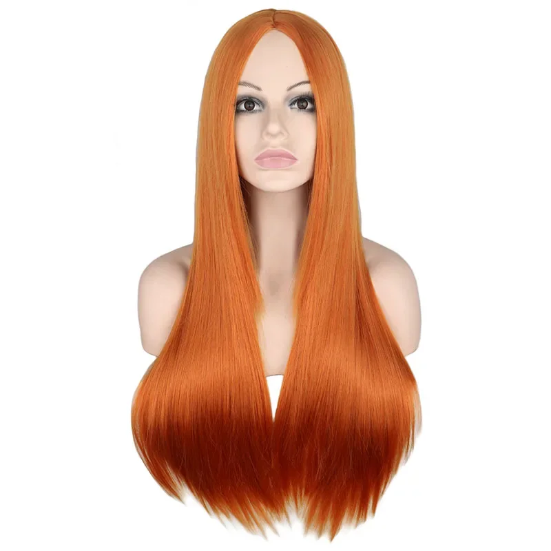 QQXCAIW Panjang Lurus Bagian Tengah Wig Hitam Putih Pink Orange Ungu Abu-abu Tahan Panas Wig Rambut Sintetis untuk Wanita