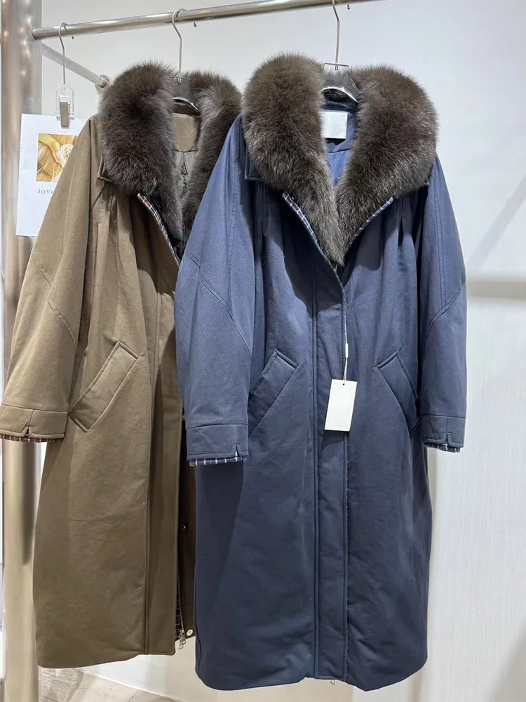 

Autumn Winter Women Long Goose Down Jacket Real Natural Fox Fur Coat Denim Style Luxury Female Belt Coats Full Sleeves