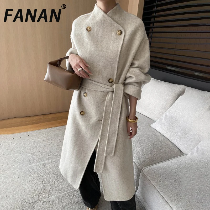 

FANAN Elegant Belt Gathered Wool Coat For Women Stand Neck Double Breasted High End Long Outwear 2025 Winter New Warm Coats