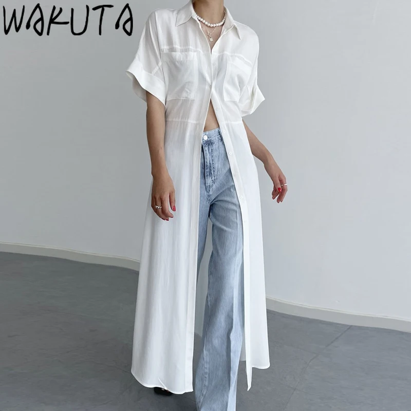 

WAKUTA Summer Shirt Dress Chic Casual Solid Cuff Flying Sleeve Slim Single Breasted Maxi Dresses Korean 2024 New Elegant Lazy