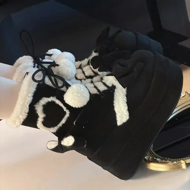 2025 Winter Lolita Boots Sweet Mid-Calf Snow Boots Bowknots Wedge Heightening Shoes Flannel Female Boots Woman Warm Chunky Shoes view 2