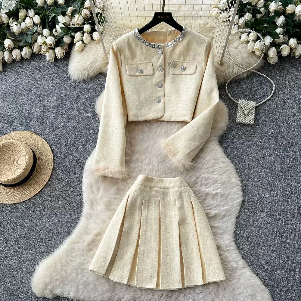 2024 Winter New Elegant Women's  Arrival Pearls Buttons Feathers Sleeve Cuff Tweed Jacket Short Pleated Skirt 2Piece Set Outfits