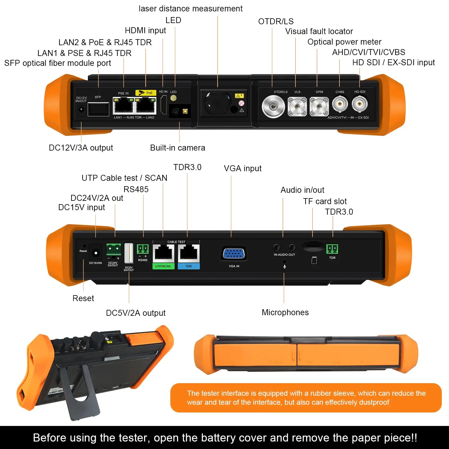 OTDR Fiber Tester 8-inch Touchscreen SDI AHD CVI TVI CVBS 4K IP Camera Tester 1310/1550nm Event Map 90W PoE Power Output