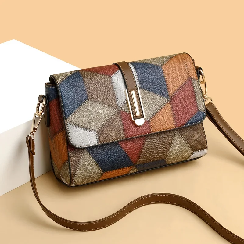 

Flap Sling Shoulder Bags for Women Vintage Splicing Crossbody Messenger Bag Purse Female PU Leather Handbag Pocket