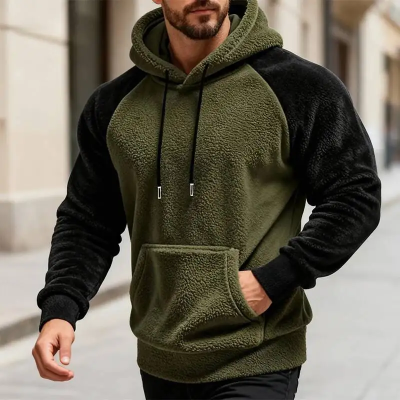 Autumn Winter Warm Casual Hooded Men's Long Sleeve Sweatshirt Pocket Loose Splicing Color Plush Sweatshirt Fleece Hoodies Tops
