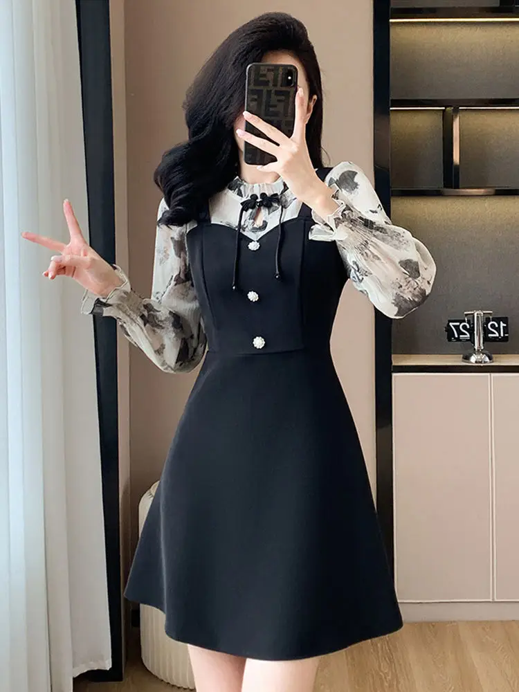 Chinese Style Dress Autumn New Item Spliced Fake Two Pieces High-end Small Stature Sweet Temperament French Slimming Trend