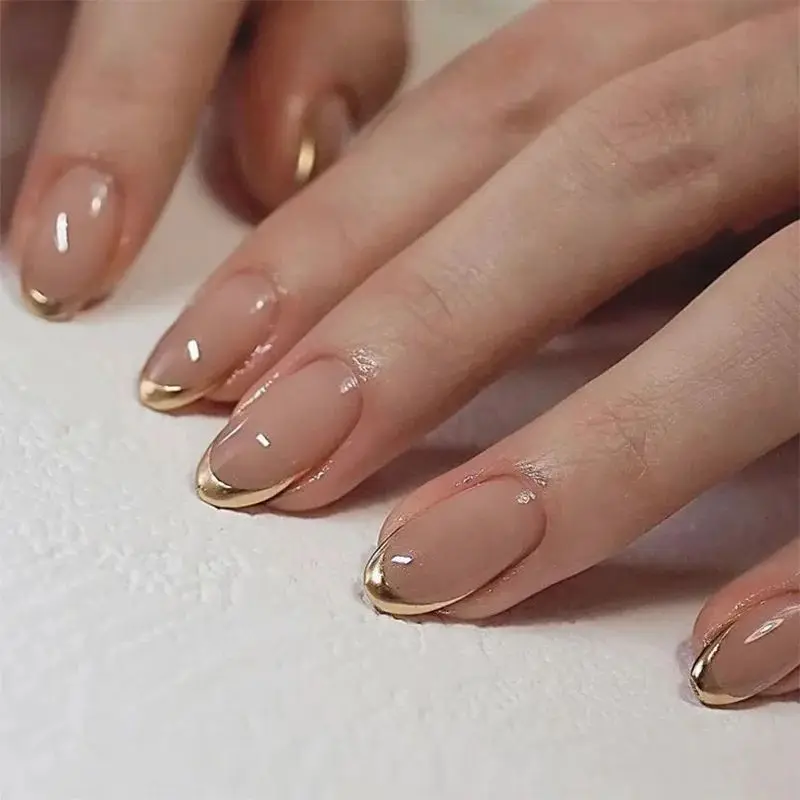 

Gold Metal French Nude Pink Nail Art Glitter Powder Fashion Fake Nails Detachable Finished False Nails Press on Nails with Glue