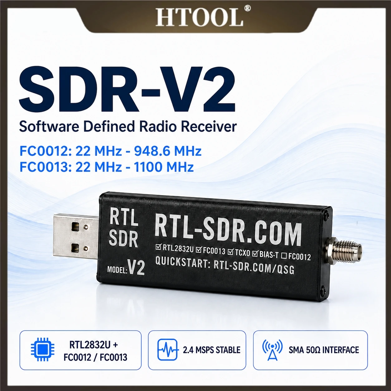 RTL-SDR V2 USB Software Defined Radio Receiver with Antenna, 22-1100MHz, RTL2...