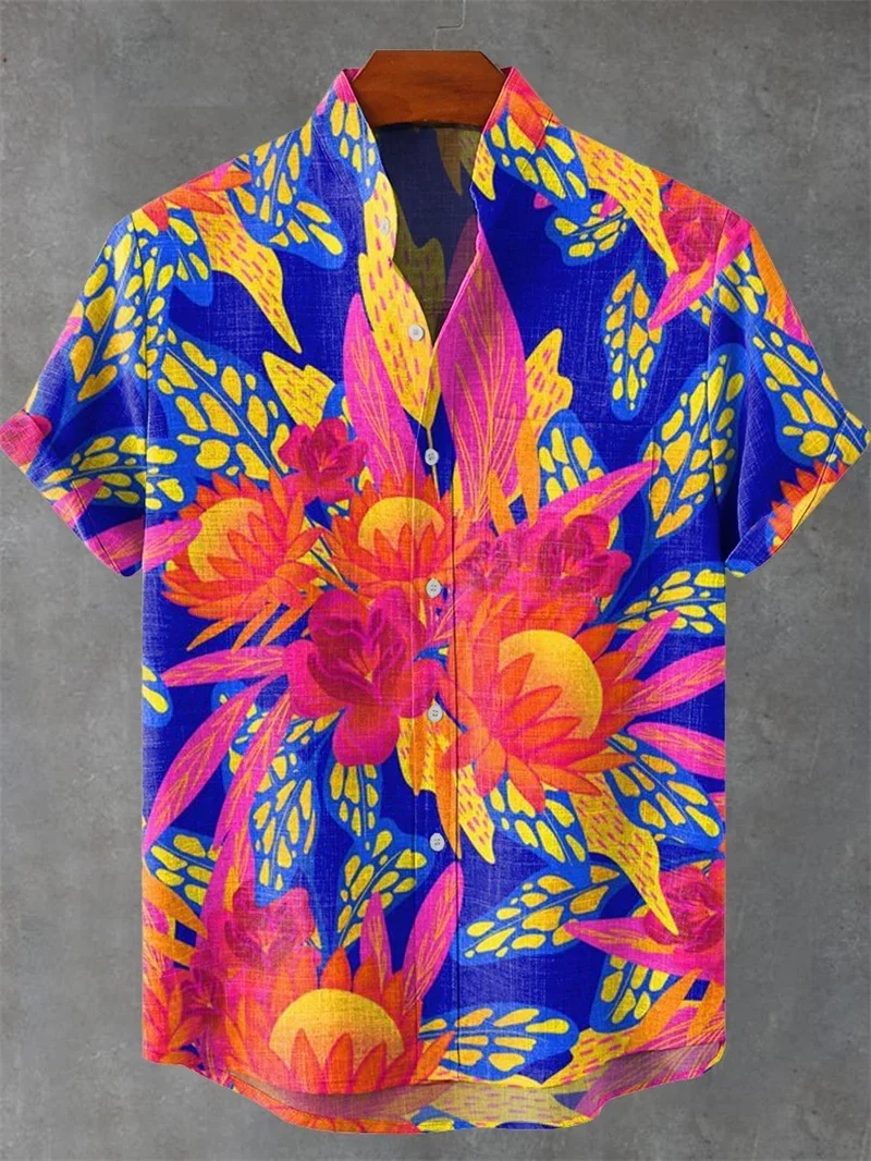 Men's Linen 3D Printed Pattern Contrasting Color Lapel Short-sleeved Button-up Shirt Private Custom Shirt Slim Body Dress Beach