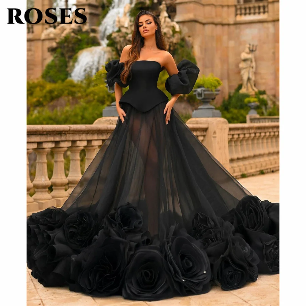 

ROSES Black A Line Evening Gown Detachable Sleeves Prom Dress with 3D Floral Tulle Wedding Dress robes de soirée Customized
