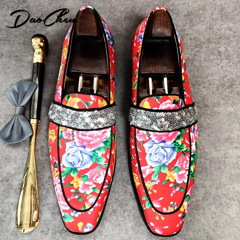 Luxury Men Loafers Shoes Chinese Style Flower Print Casual Dress Mens Shoes Party Wedding Banquet Leather Shoes For Men