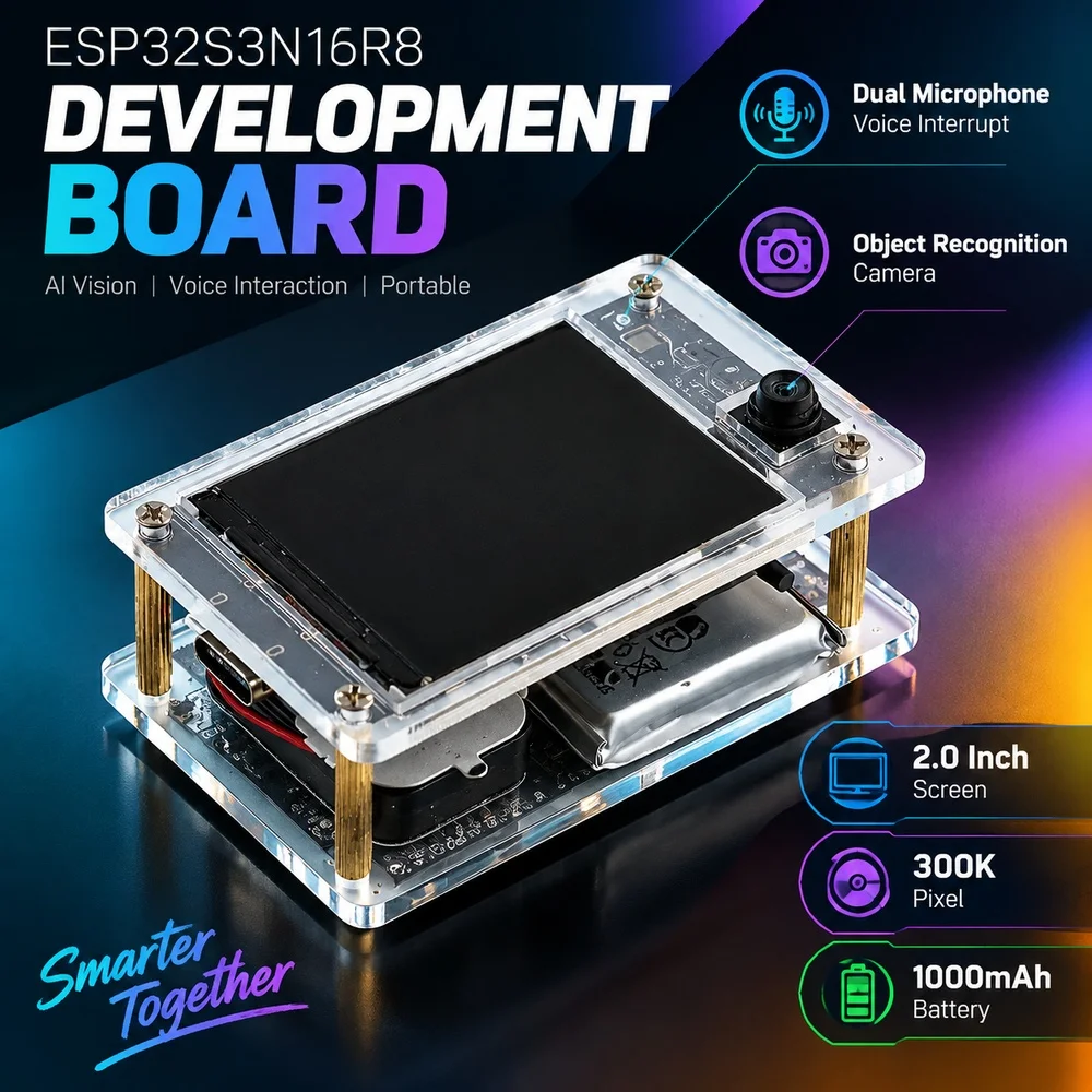 ESP32S3N16R8 Development Board with Dual Microphone Voice Interrupt Object Recognition Camera 2.0 Inch Screen 300K Pixel 1000mAh