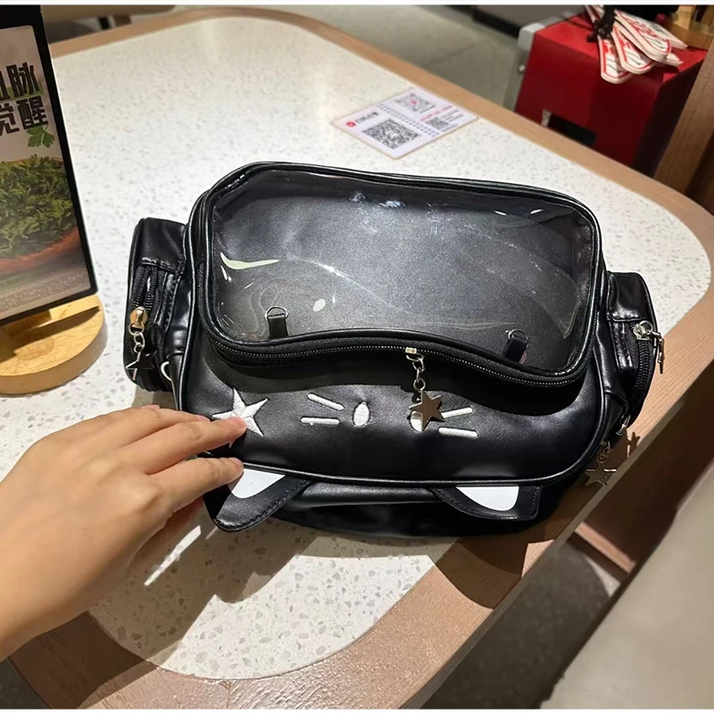 Umhängetasche, Katzenförmige Ita-Tasche mit transparentem Sichtfenster für Abzeichen, Pins und Puppen, leichte, niedliche Mode-Rucksäcke – Detail 15