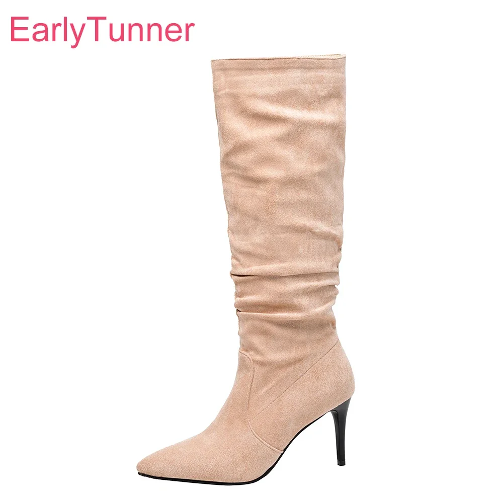 

Зимние модные абрикосовые черные женские сапоги до середины икры, пикантные 3-дюймовые женские туфли на высоком каблуке-шпильке, большие размеры 11 43 45 48