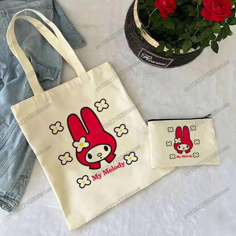 

My Melody Flower Print Makeup Bag Canvas Bag Shopper Bag Set Women Bags Classic Vintage Shoulder Bag Handbag Supplies Gift