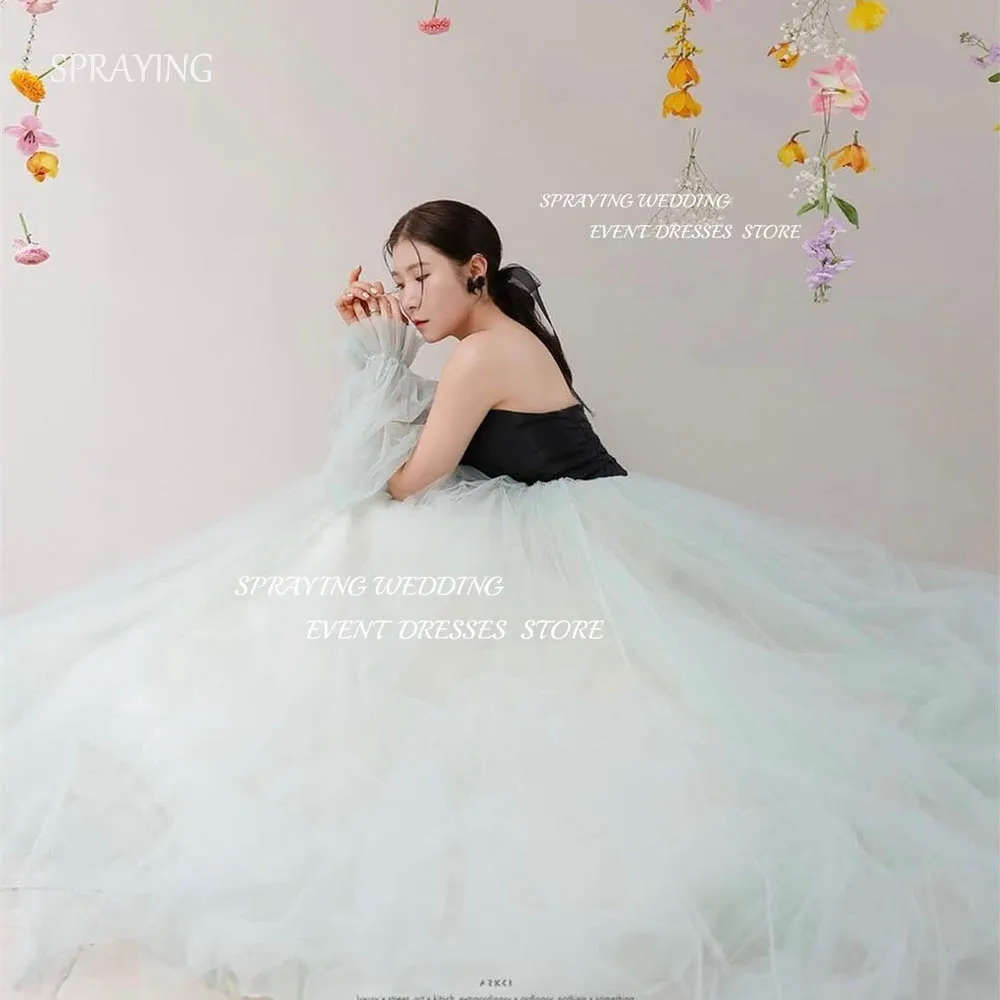 SPRAYING Puffy Skirt Corset Back Black And Light Green Wedding Dresses Tulle Sweetheart Korea Photo Shoot Long Prom Dress 웨딩드레스