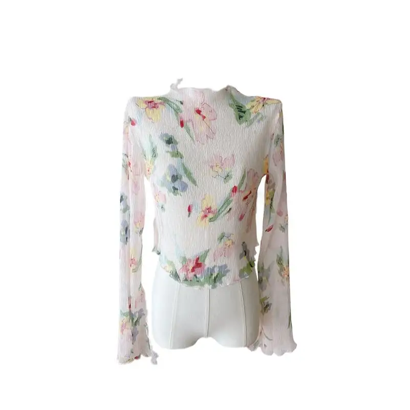 

Spring Women Rayon Half High Collar Sweet Floral Print Long Flare Sleeve Tulle Slim Fit Tee Fashion Thin Party Shirts Blouses