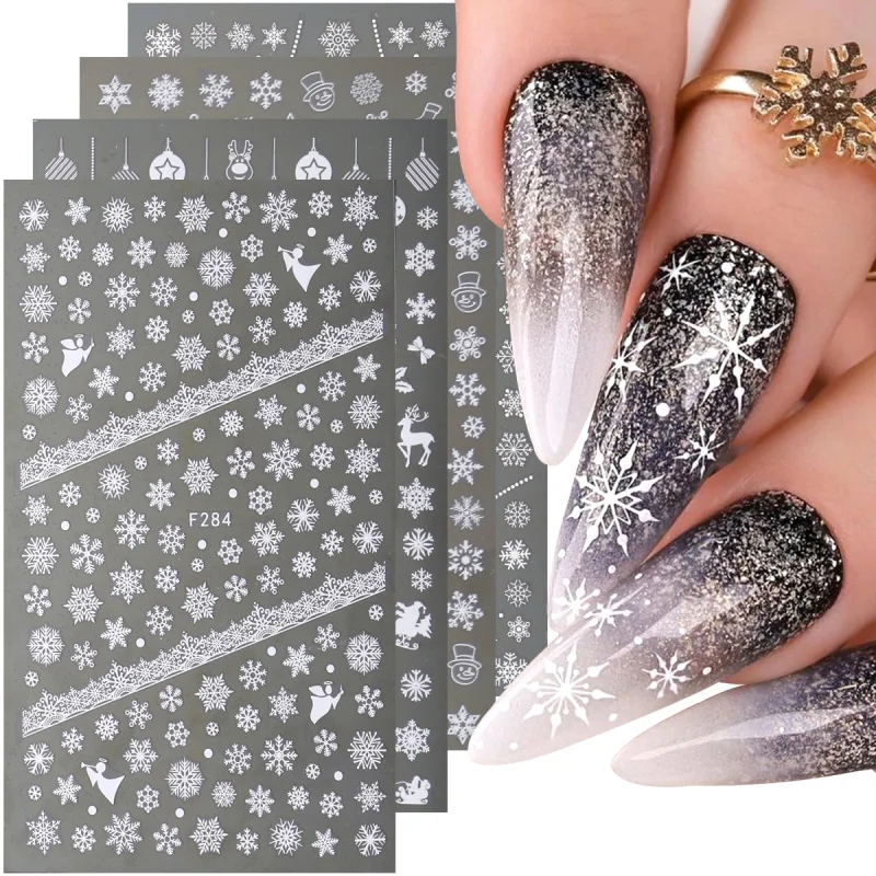 4pcs Winter Snowflake Nail Art Stickers Charming White Snowflakes Design ​Christmas New Year Adhesive Nail Art Decals Decoration