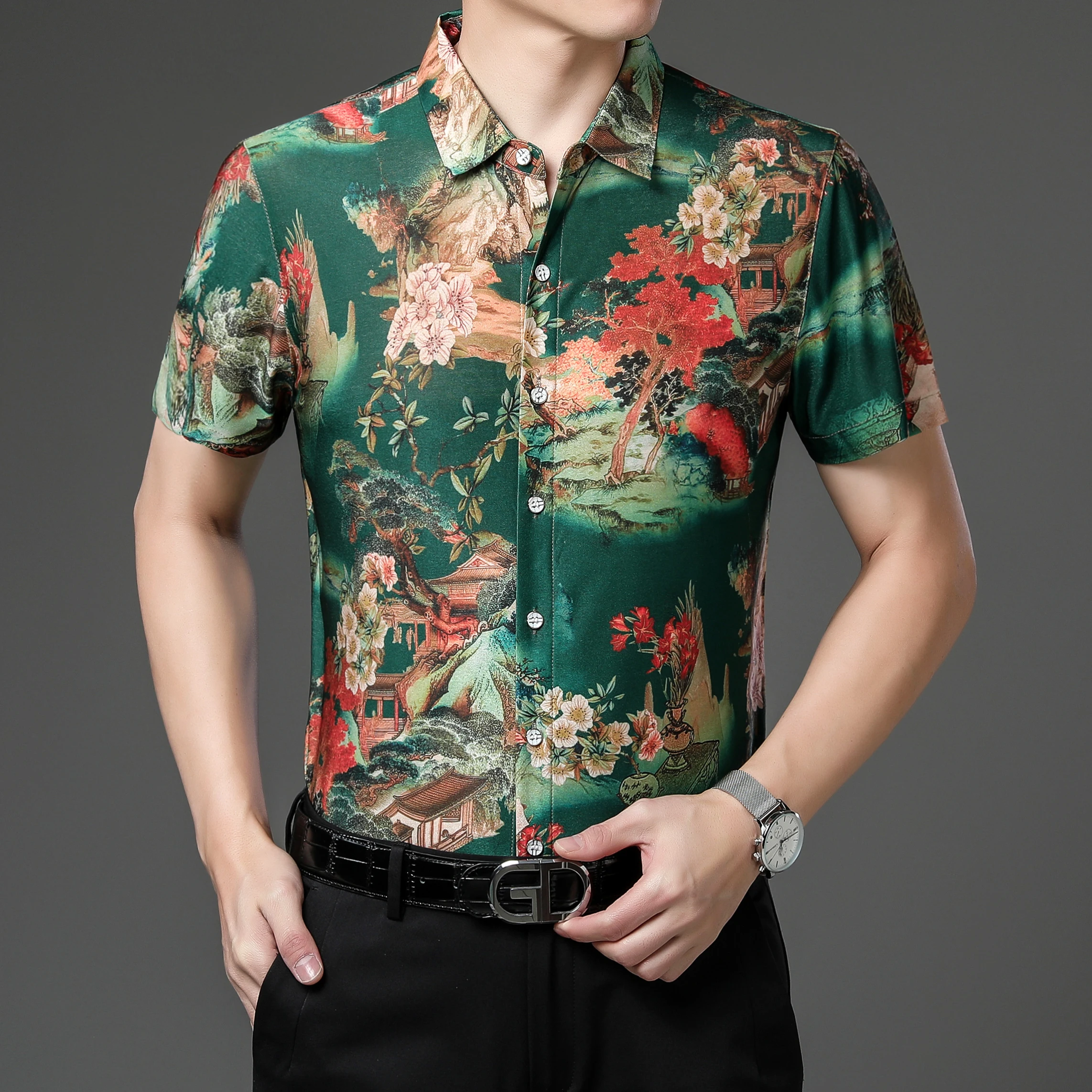 

Men's Landscape Print Clothes 2023 Summer Flowers Printed Shirts Male Short Sleeve Trees Print Smooth Tops