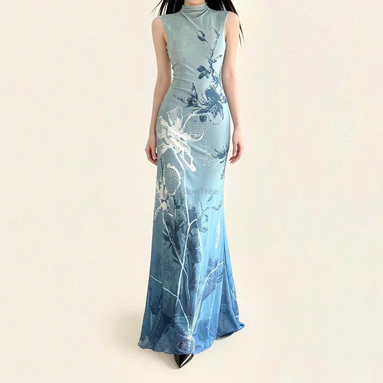 New Chinese-style retro luxury printed high-neck mesh qipao dress vintage waist-cinching women's daily Slim dress Stretch fabric